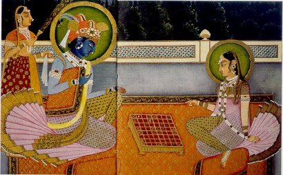 Críxena e Radha jogando chaturanga em um tabuleiro do Ashtāpada