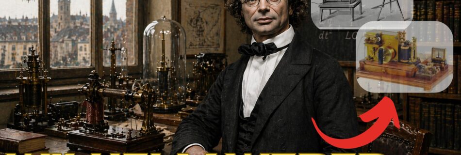 Portrait of Wilhelm Weber in a 19th‑century laboratory filled with brass scientific instruments, with a bold yellow title at the bottom.