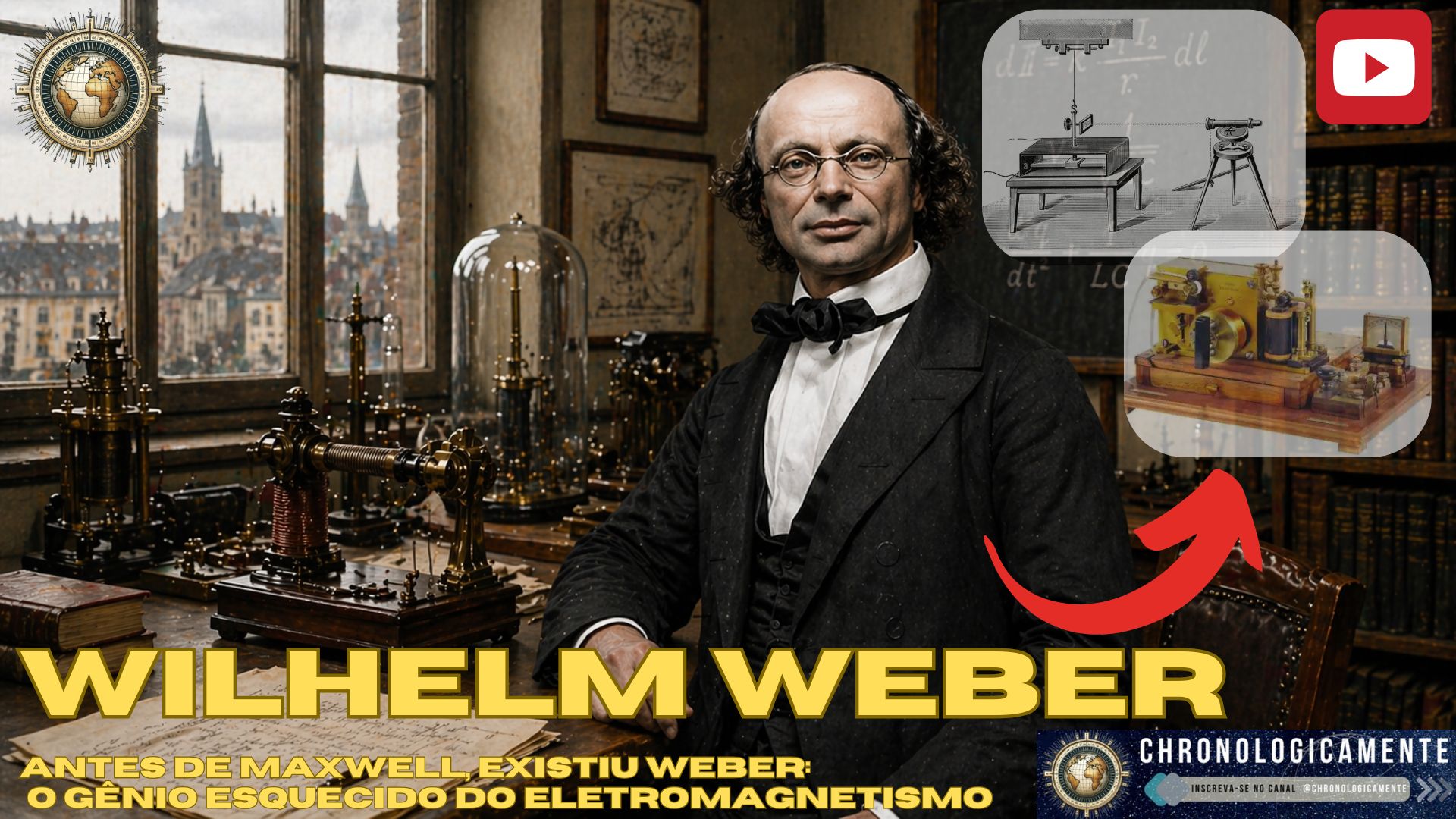 Portrait of Wilhelm Weber in a 19th‑century laboratory filled with brass scientific instruments, with a bold yellow title at the bottom.