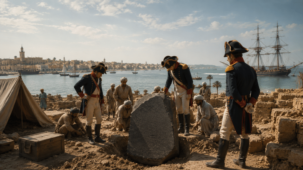 Soldados franceses e a pedra de roseta representação em IA